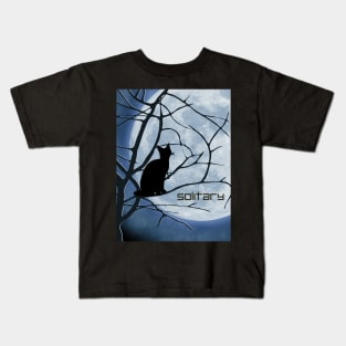 Solitary Black Cat Stares At A Full Moon Kids T-Shirt